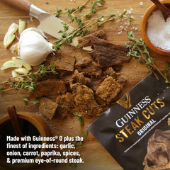 GUINNESS THE 1759 steak cuts beside a pint of Guinness 0.0, pairing enhances roasted flavors
