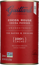 E. Guittard 8 oz can front label showing Rouge Red Dutch Process cocoa, clear product ID and benefit