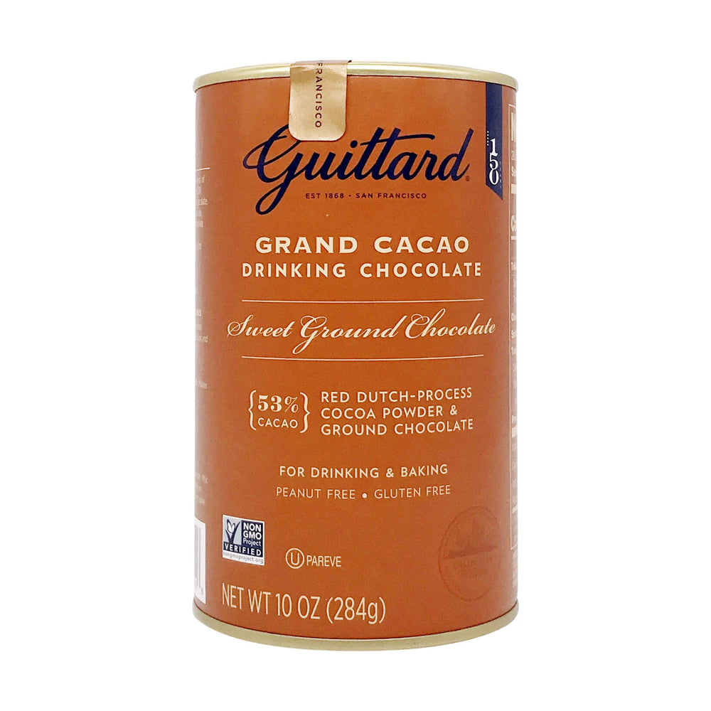 Guittard Grand Cacao canister front view showing label and size, highlighting premium quality