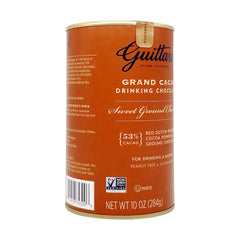 10 oz Guittard Grand Cacao canister next to measuring spoon for portion and serving reference