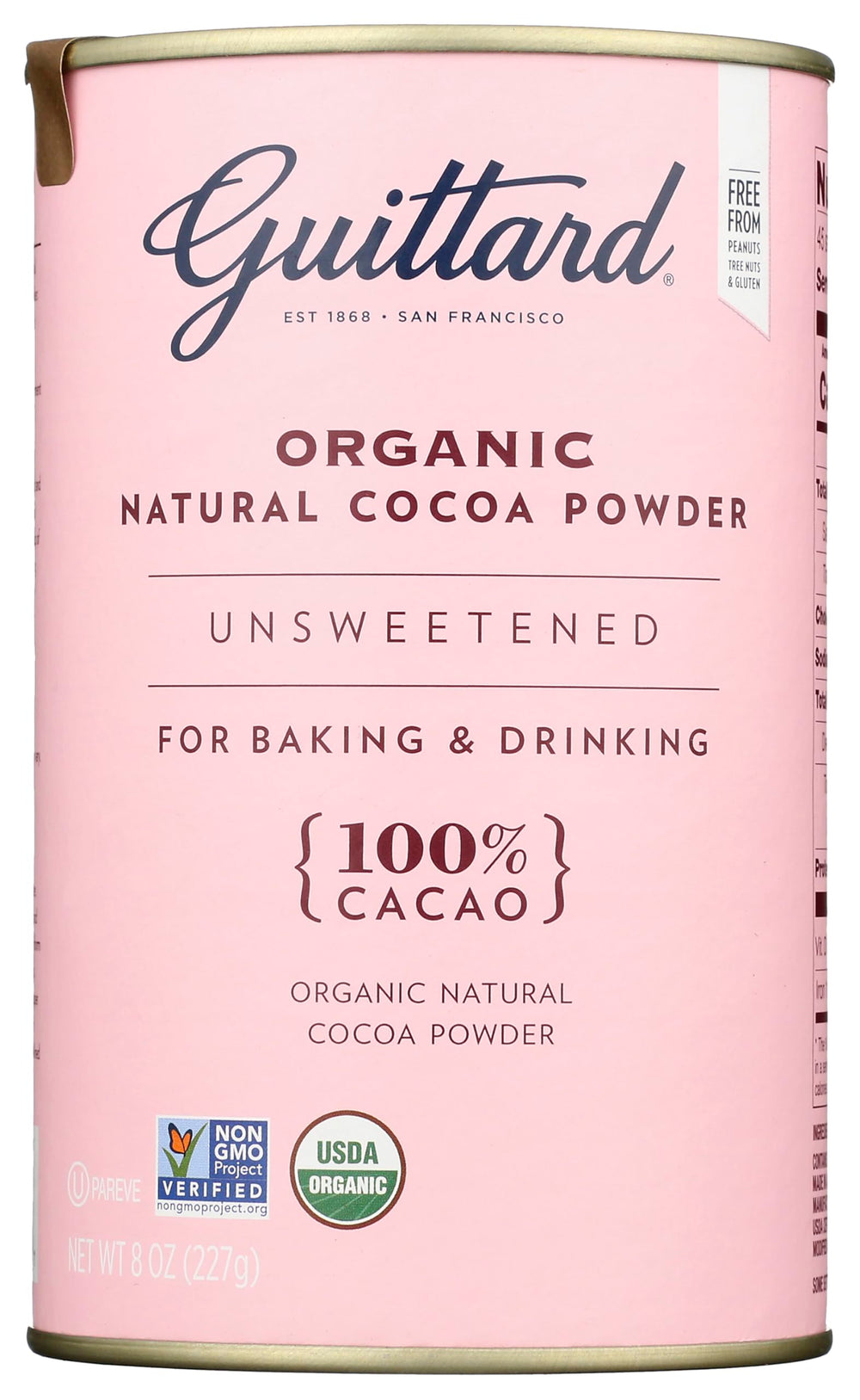 Guittard organic cocoa powder front packaging showing brand and 8 oz size for consistent baking