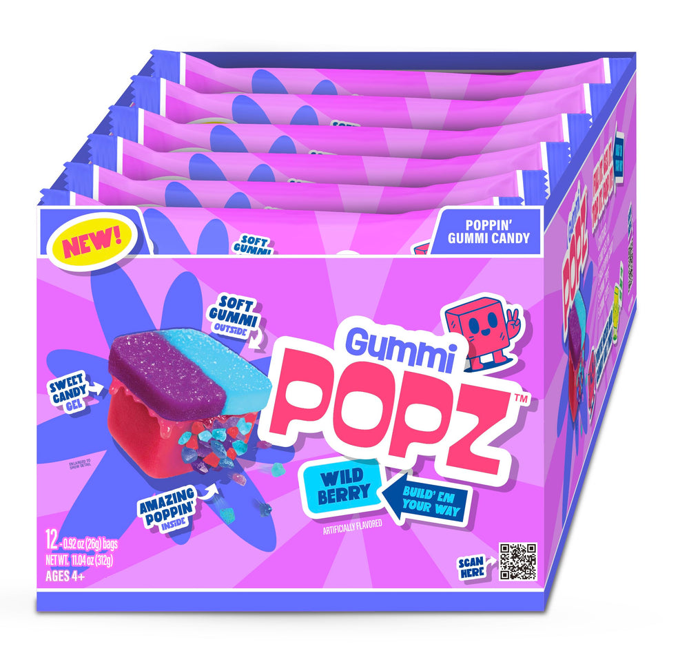 GUMMI POPZ! front packaging showing colorful mixed berry pouches and branding benefit party ready