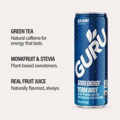 GURU acai berry label close-up highlighting ingredients and certifications