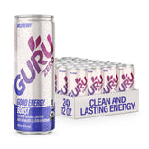 GURU can front view showing wild berry label and organic badge, promotes clean energy