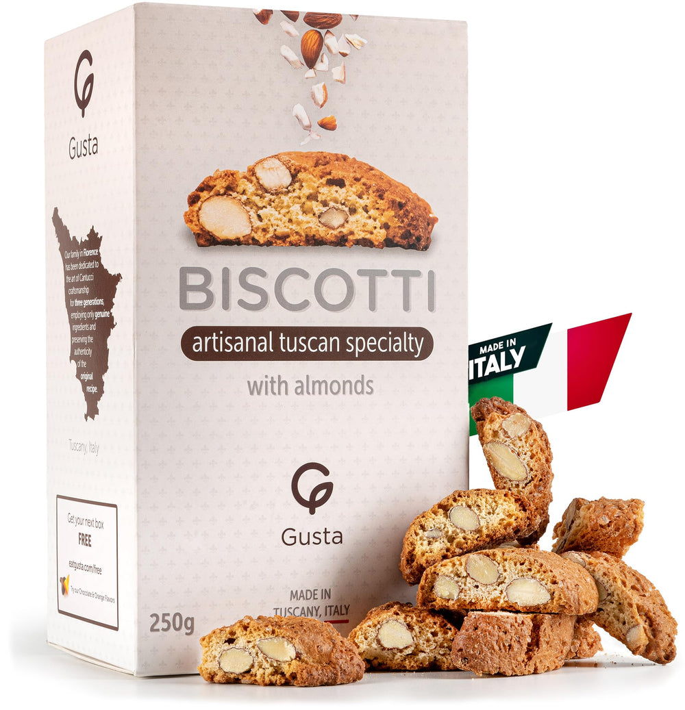 GUSTA front packaging showing Tuscan almond biscotti and freshness