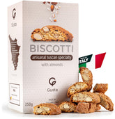 GUSTA front packaging showing Tuscan almond biscotti and freshness