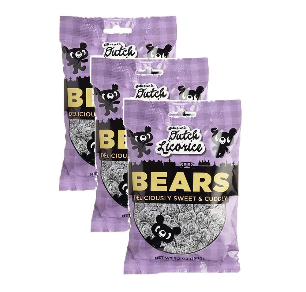 Gustaf front packaging showing three 5.29oz sugared licorice bear bags for sharing