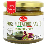 GUSTO ETNA front jar showing label and pure pistachio paste, highlights authentic Italian origin