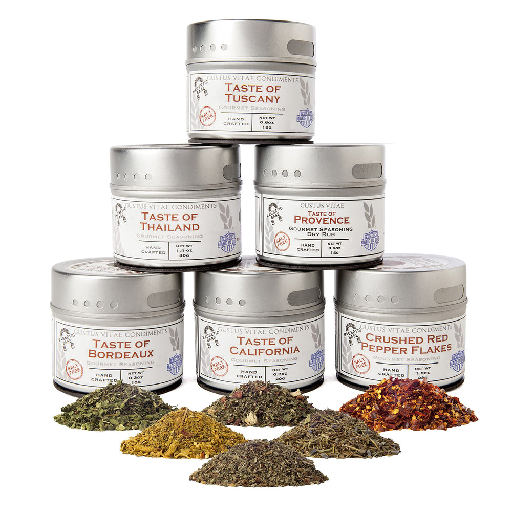 Gustus Vitae front packaging of six salt-free seasoning gift set, premium presentation benefit