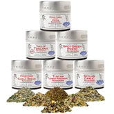 Gustus Vitae front packaging showing six Italian seasoning tins and branding benefit: elegant gift presentation