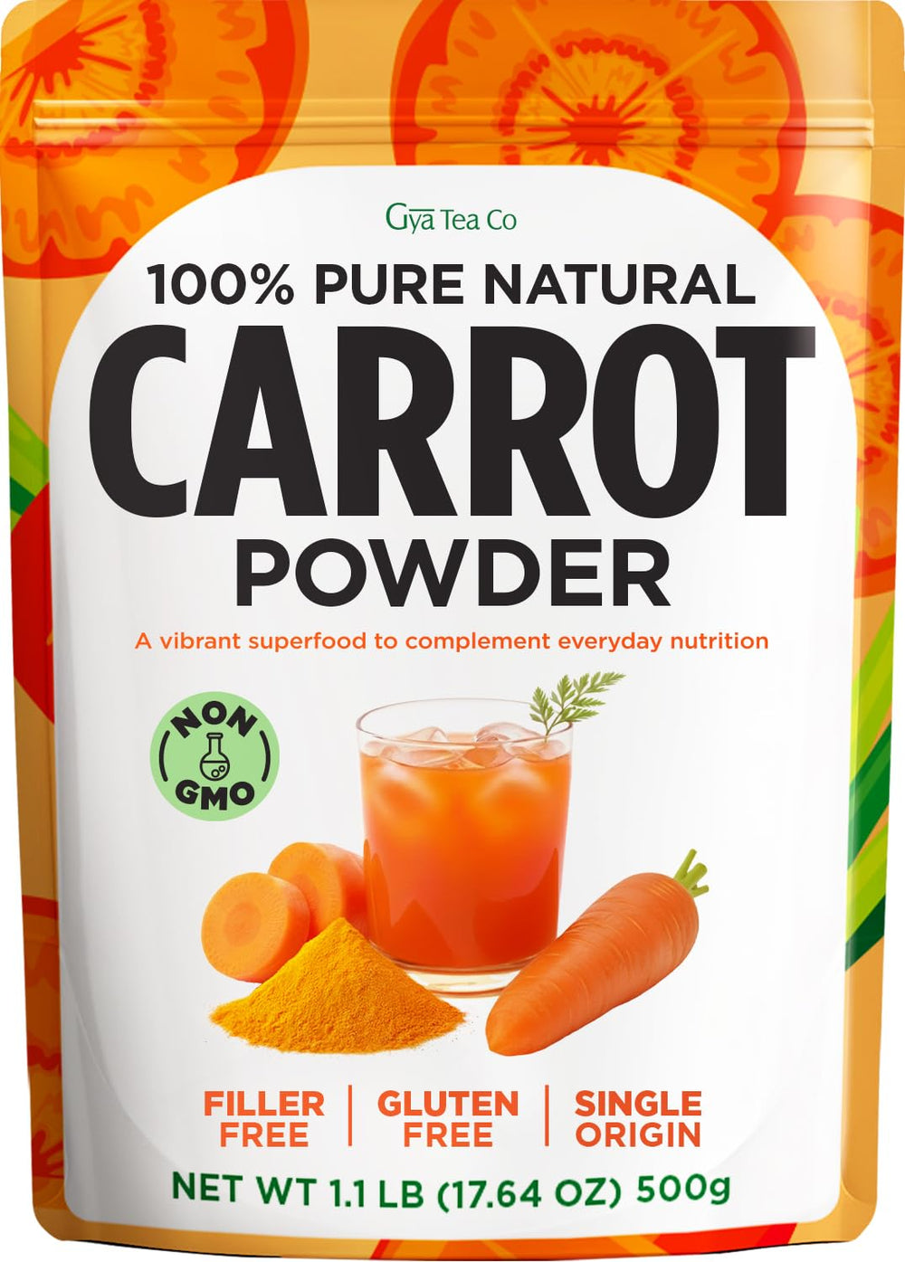 Gya Tea Co front pouch showing carrot powder branding and serving size benefits