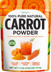 Gya Tea Co front pouch showing carrot powder branding and serving size benefits