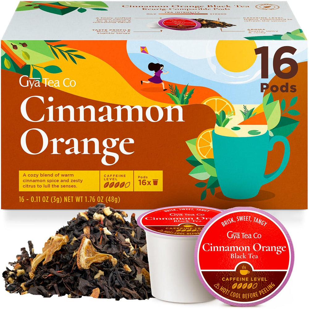 Gya Tea Co front packaging showing orange cinnamon flavor and convenient pods