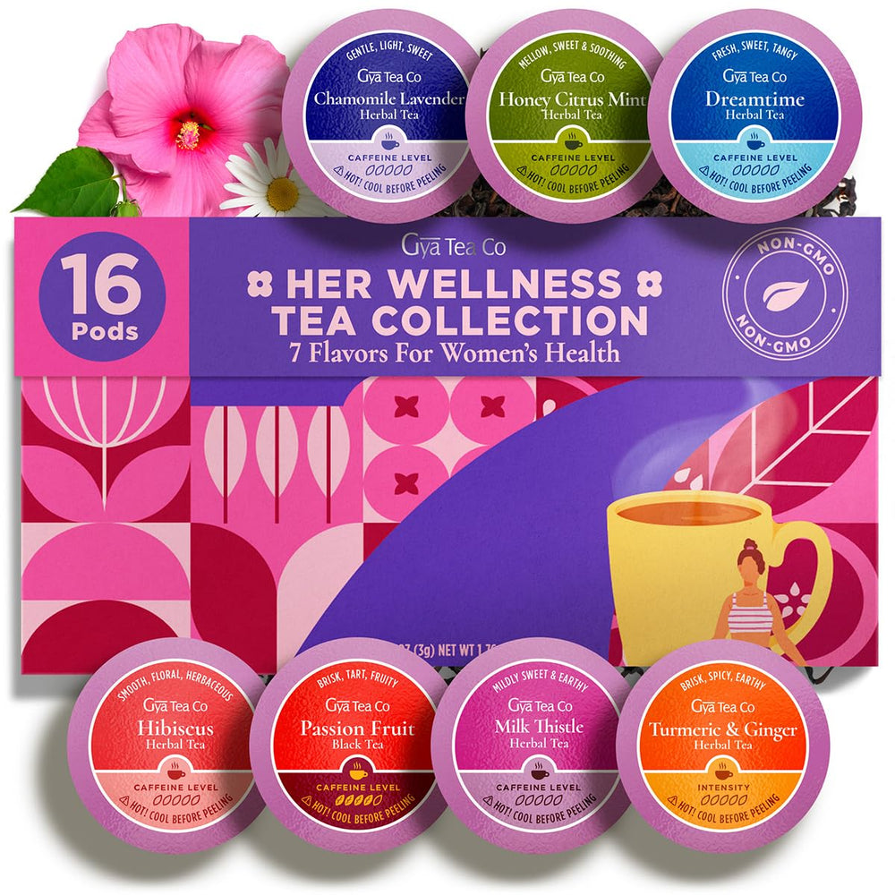 Gya Tea Co front packaging showing 16-count assorted wellness pods and gifting appeal