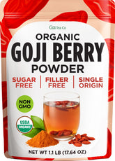 Gya Tea Co front pouch showing organic goji powder and serving info for convenience