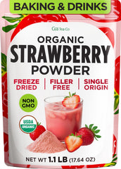 Gya Tea Co front pouch showing organic strawberry powder and branding benefit freshness