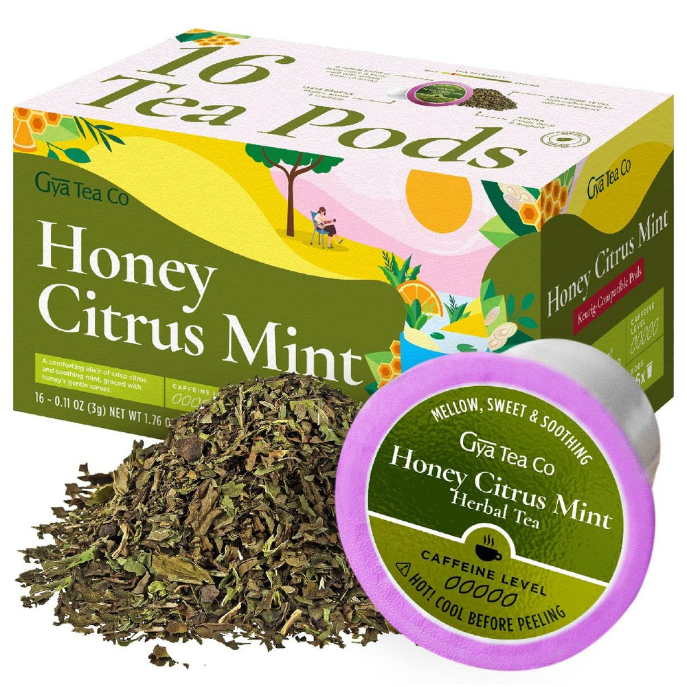Gya Tea Co front box showing 16-count pods and natural labeling benefit convenience