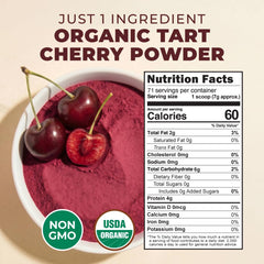 Gya Tea Co tart cherry powder close-up texture showing fine, vibrant red powder
