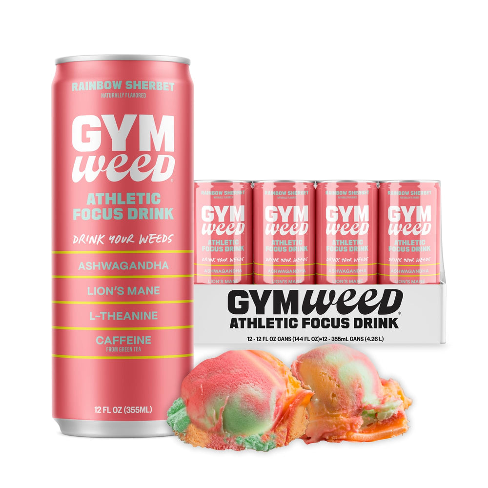 GYM SODA front can showing Rainbow Sherbet flavor and vibrant branding for quick recognition
