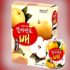 Haitai pear juice front packaging showing 238ml can and box, clear brand visibility and convenience