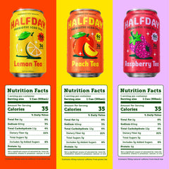 Halfday can close-up peach label detail highlighting fiber and low sugar