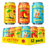 Halfday variety pack front view showing cans and flavor labels with clear branding and appeal