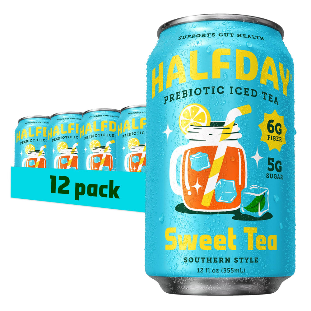 Halfday front packaging 12-pack showing cans and brand for easy pantry stocking