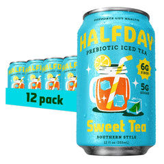 Halfday front packaging 12-pack showing cans and brand for easy pantry stocking