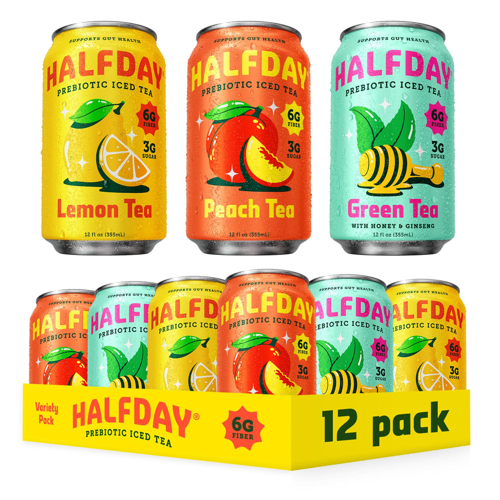 Halfday front packaging 12-pack showing flavors and low sugar benefit