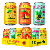 Halfday front packaging 12-pack showing flavors and low sugar benefit