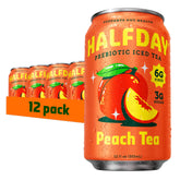 HALFDAY front packaging showing peach iced tea cans and benefits