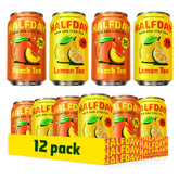 Halfday front packaging showing peach and lemon cans and gut-support benefit