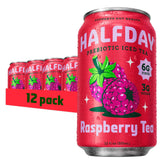 HALFDAY front packaging of raspberry iced tea can showing branding and flavor benefits