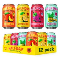 Halfday variety pack front packaging showing four flavors and low sugar benefit