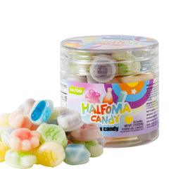 Halfoma front packaging tin showing compact 50g can and colorful bottles benefit convenience
