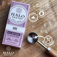 HALO PANTRY label close-up highlighting natural, dye-free, sugar-free extract