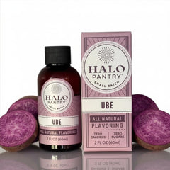 HALO PANTRY front bottle view showing clean ube extract and label benefits