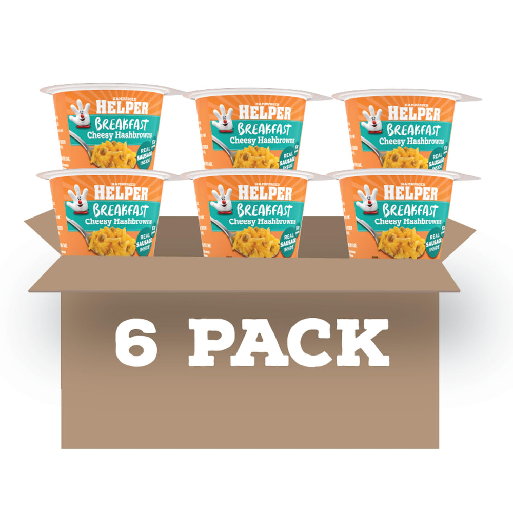 Hamburger Helper front packaging showing six cups and quick breakfast convenience