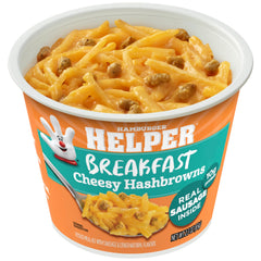 Hamburger Helper open cup revealing sausage, potatoes and cheese for fast meals