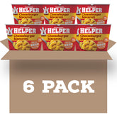 Hamburger Helper front packaging showing six microwave cups and quick meal convenience