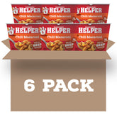 Hamburger Helper front packaging showing six microwave chili macaroni cups, pantry-ready convenience