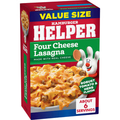 Hamburger Helper open box with sauce packet visible for simple three-step cooking