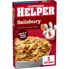 Hamburger Helper open box with pasta and sauce packet ready to cook