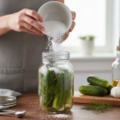 Hampton Distribution salt measured in a glass jar beside a kitchen scale for accurate results