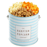 The Hampton Popcorn Company striped tin front showing gift-ready design and convenience