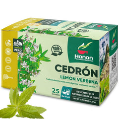 HANAN PERUVIAN SECRETS front packaging showing 25 tea bags and lemon imagery, highlights convenience
