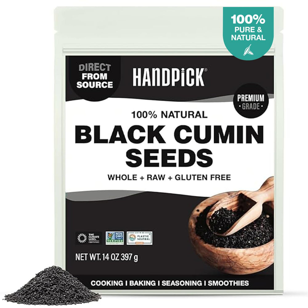 HANDPICK front packaging pouch showing 14oz nigella seeds and resealable zip