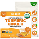 HANDPICK front packaging showing turmeric ginger tea and eco claims