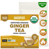 HANDPICK box front view showing 100 ginger tea bags and eco credentials for easy shopping