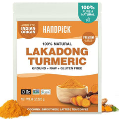 HANDPICK jar front view showing Lakadong turmeric label and bright color benefit
